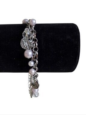 hammered disc fringe charm bracelet gunmetal faux pearl crystal